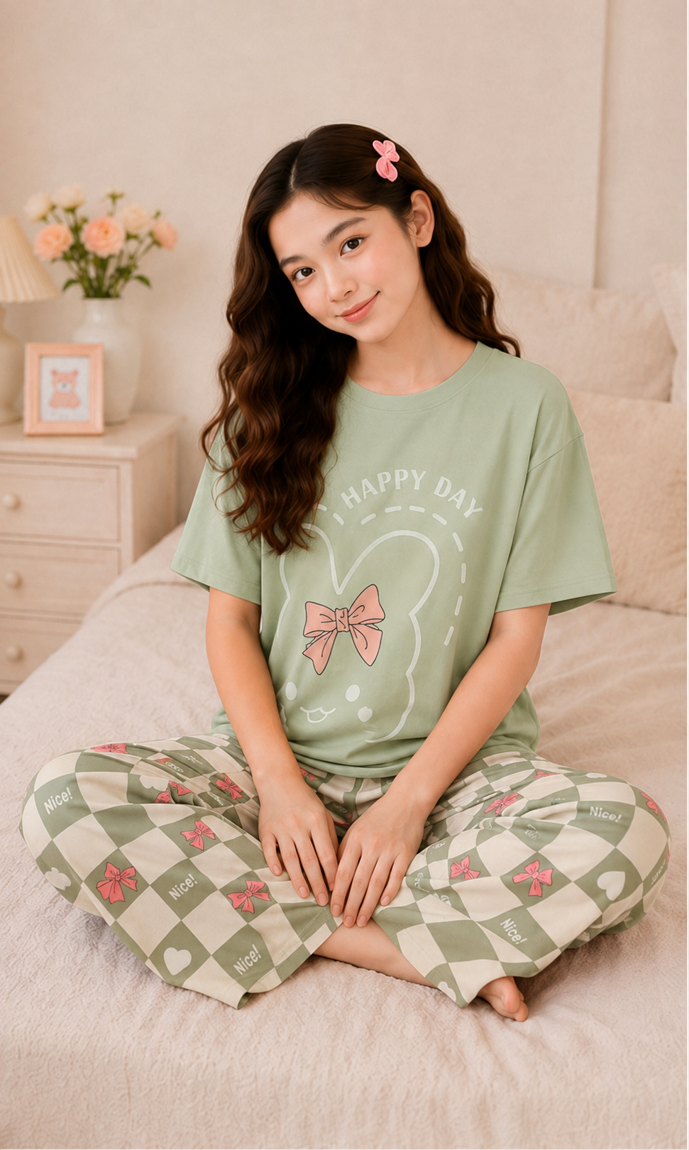 Pista Green Bunny Bow Girls Night Suit
