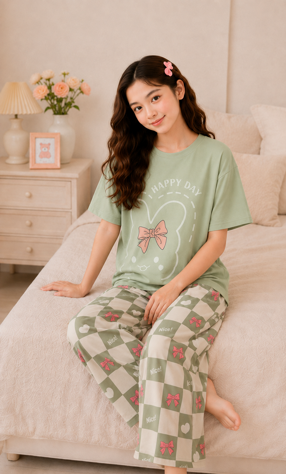 Pista Green Bunny Bow Girls Night Suit