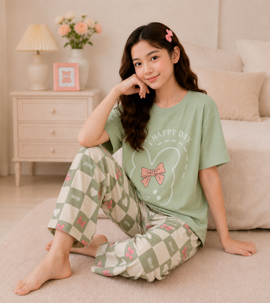 Pista Green Bunny Bow Girls Night Suit