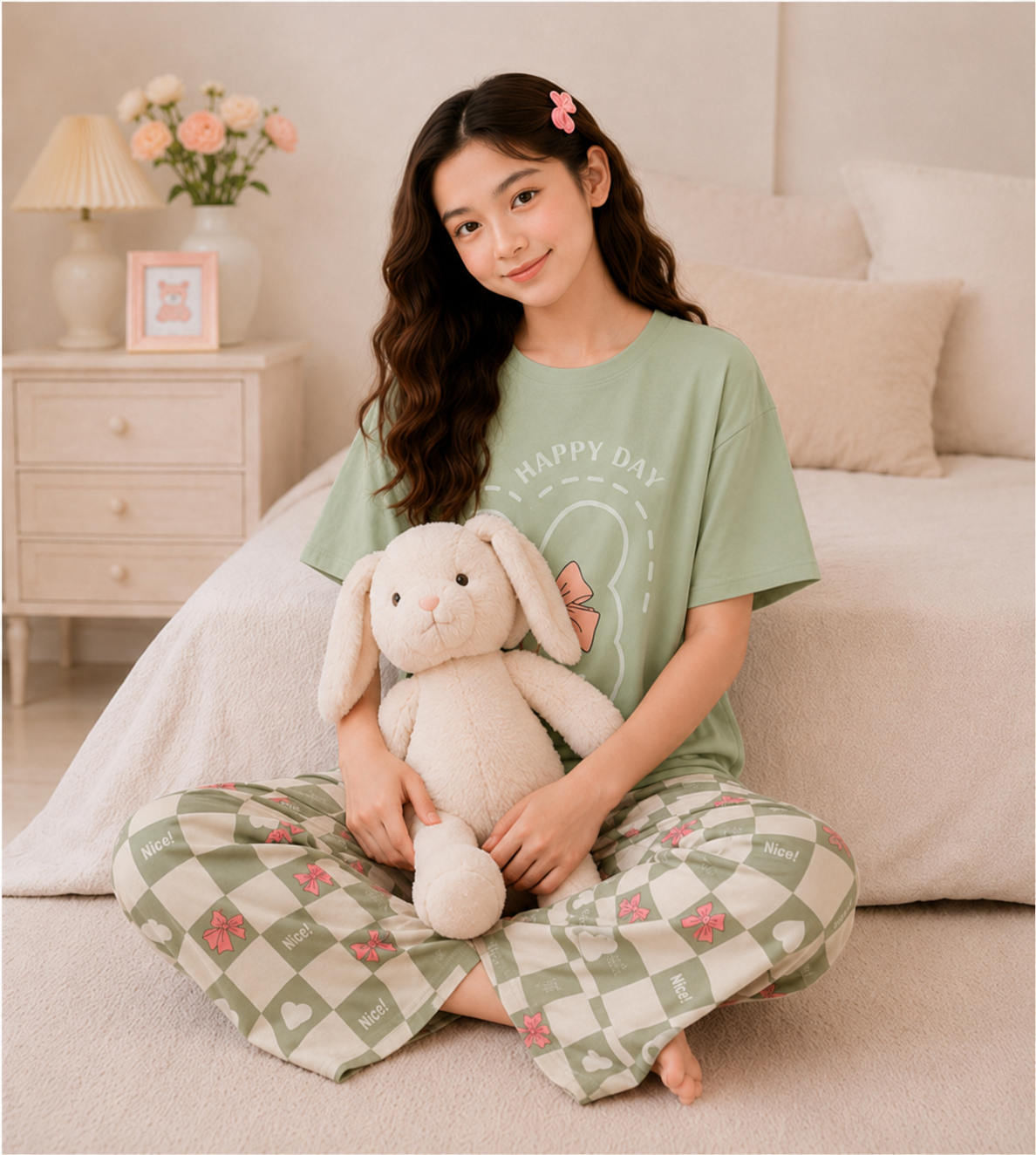 Pista Green Bunny Bow Girls Night Suit