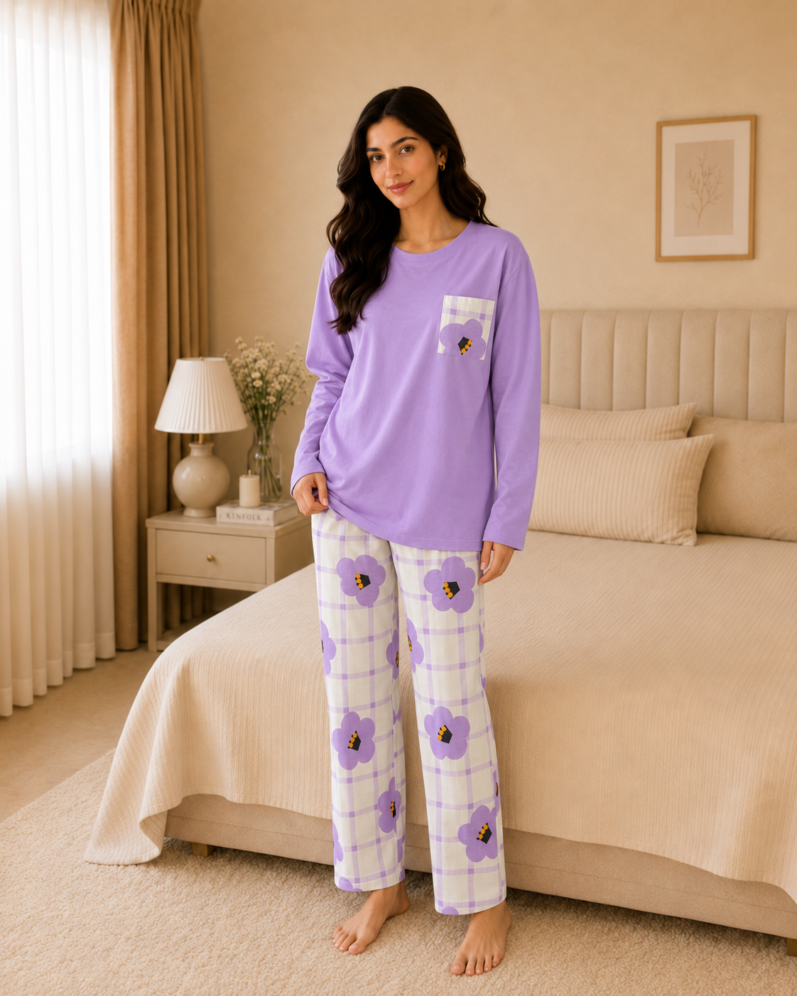 Purple Flower Pocket Full Sleeve Night Suit for women