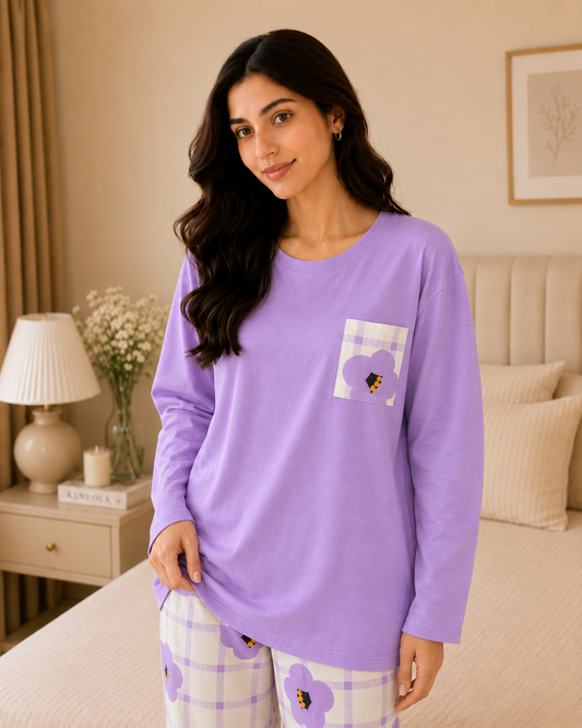 Purple Flower Pocket Full Sleeve Night Suit for women
