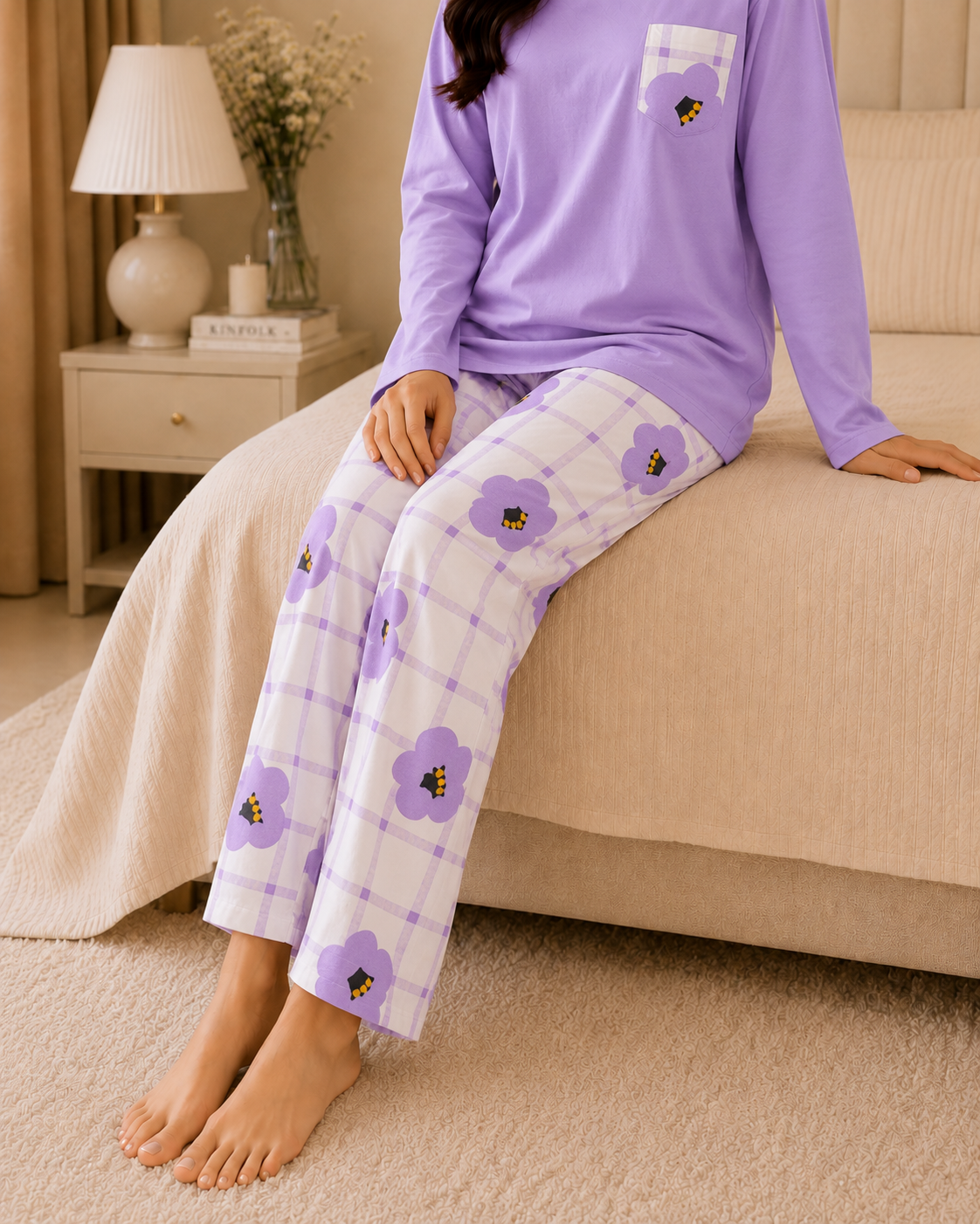 Purple Flower Pocket Full Sleeve Night Suit for women