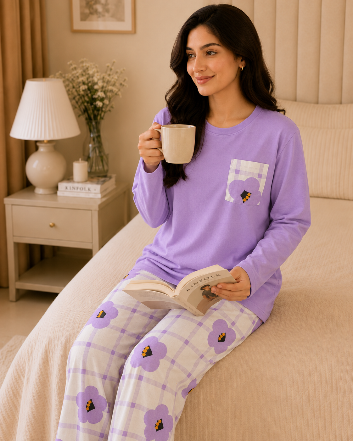 Purple Flower Pocket Full Sleeve Night Suit for women