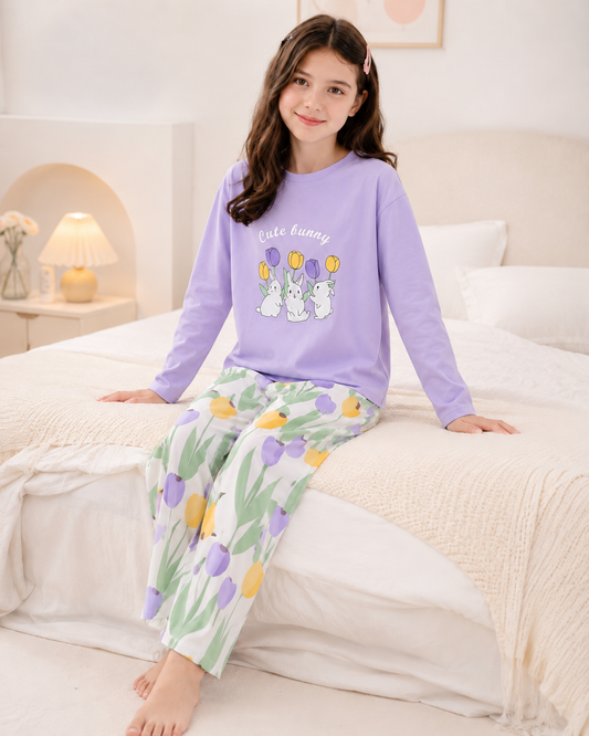 Purple Rabbit Full Sleeve Night Suit for Girls