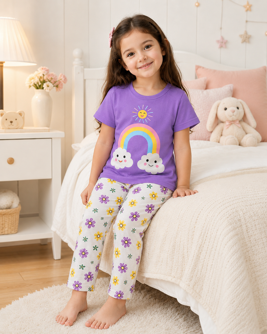 Purple Rainbow Printed Kids Nightwear
