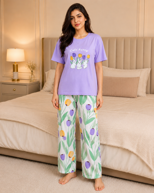 Purple Rabbit Printed Night Suit