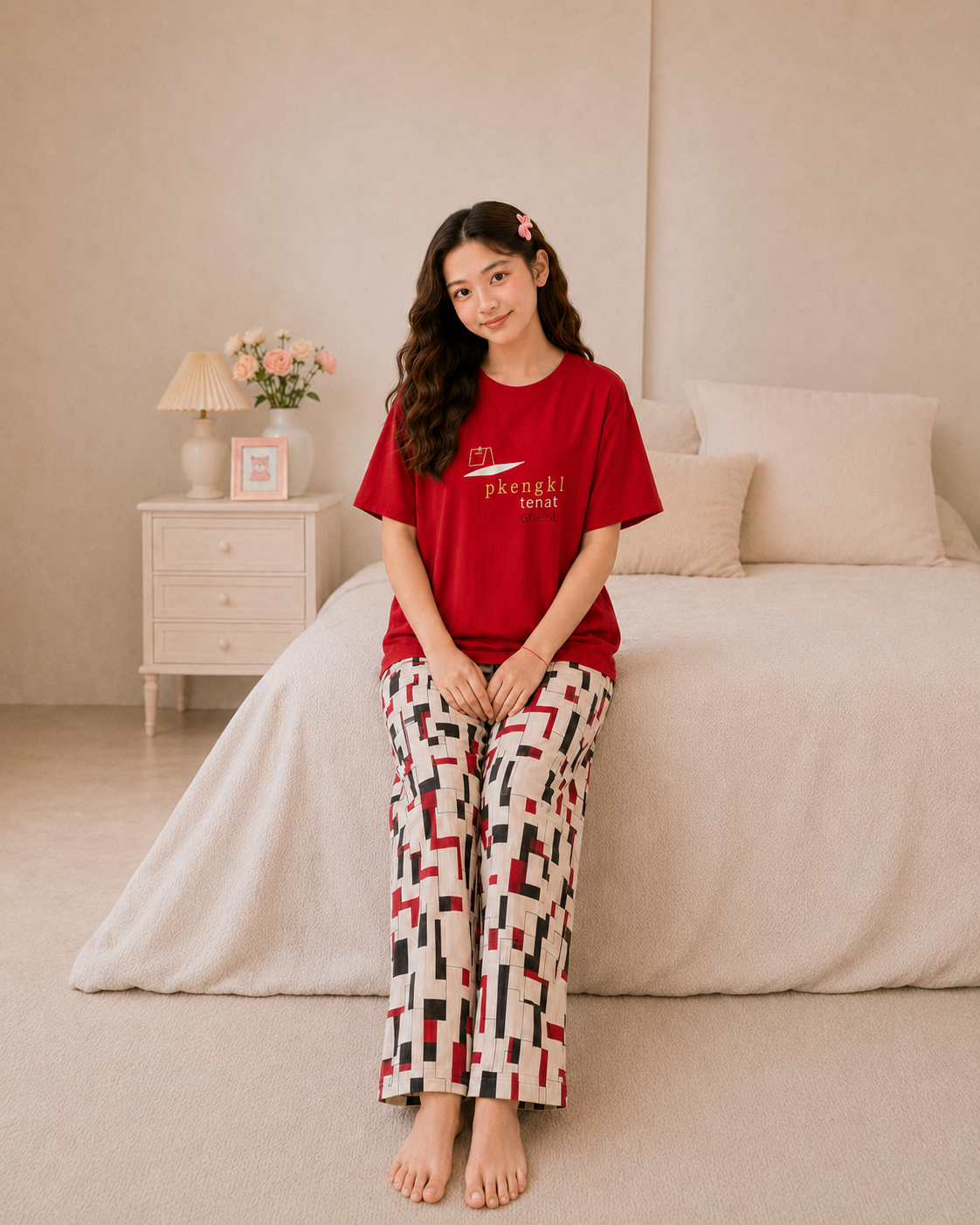 Red China Girls Night Suit ages 7–14 seated view