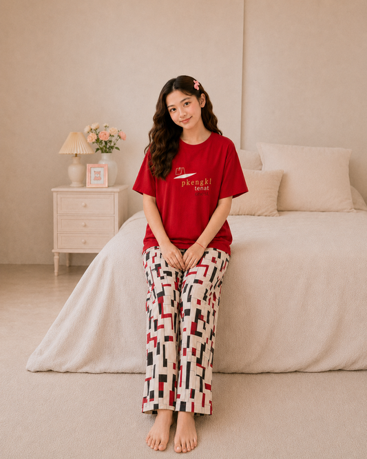 Red China Girls Night Suit ages 7–14 seated view