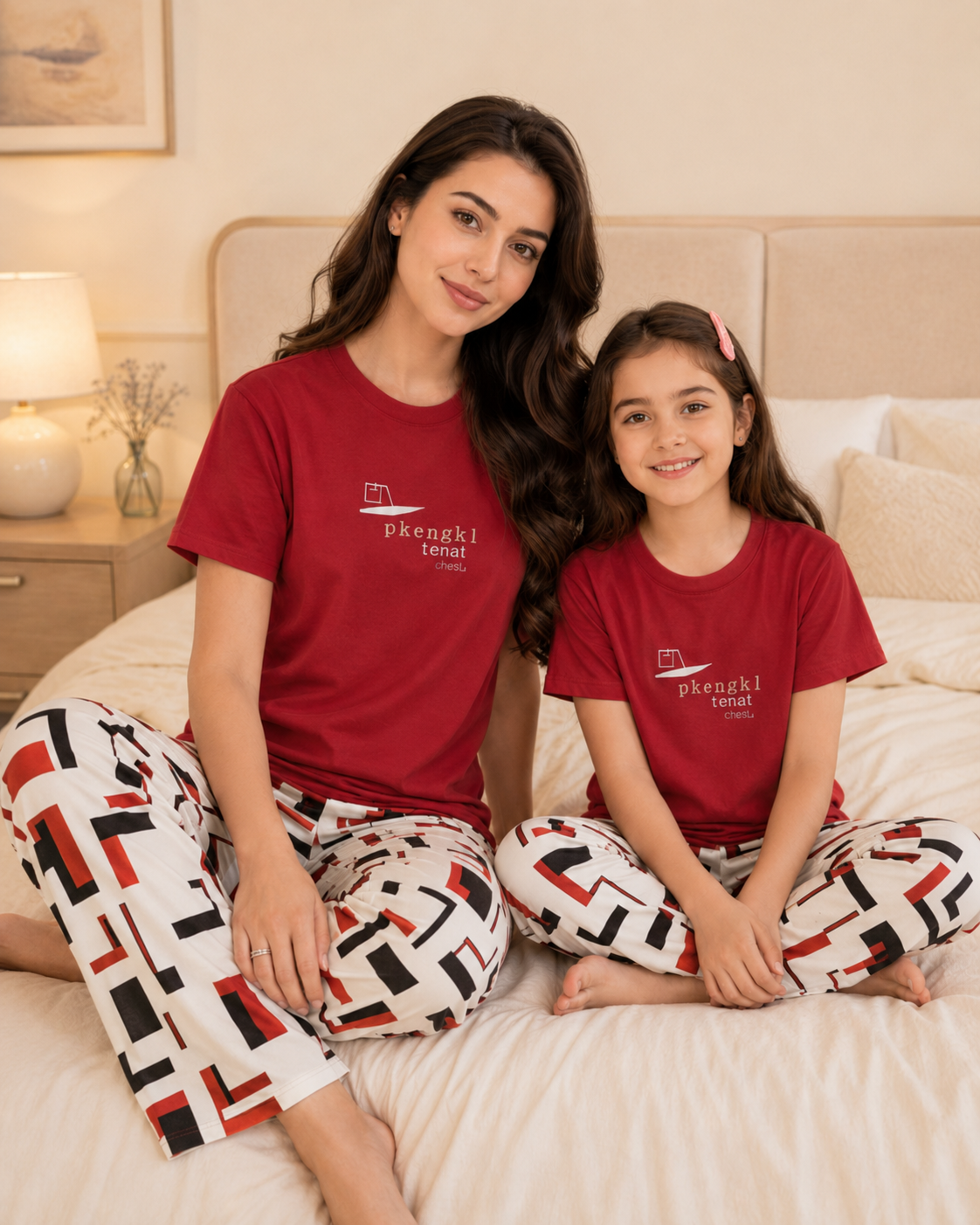 Mom & Daughter Matching Cotton Night Suit – Red China