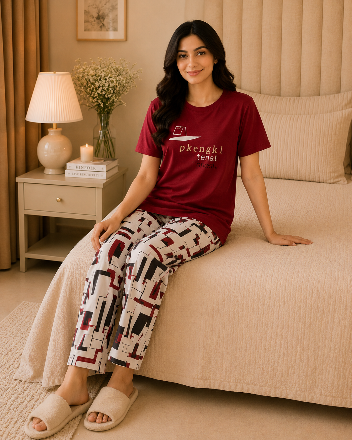 Red China Printed Night Suit