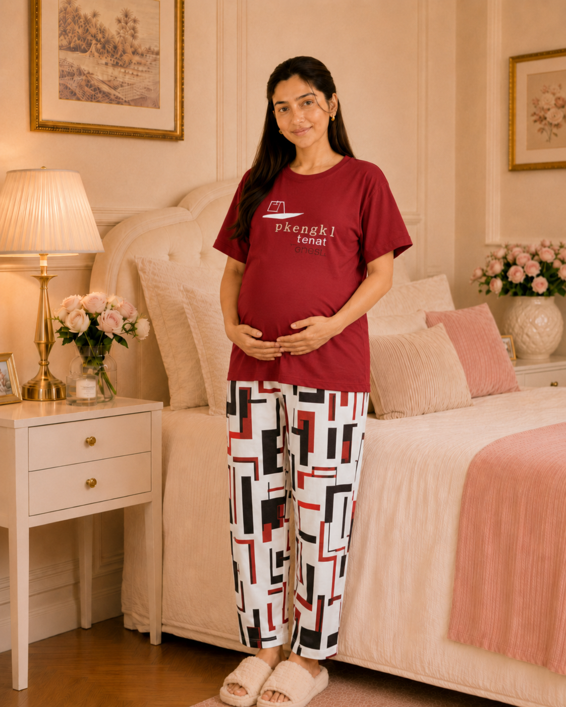 Red China Maternity Cotton Night Suit