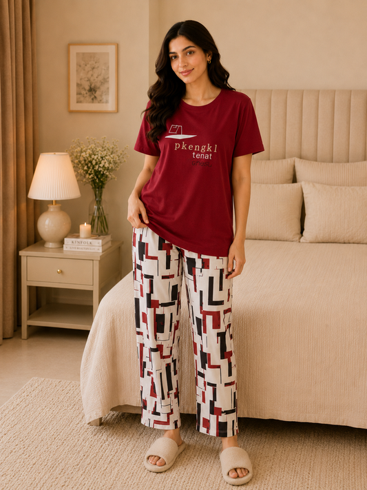 Red China Printed Night Suit