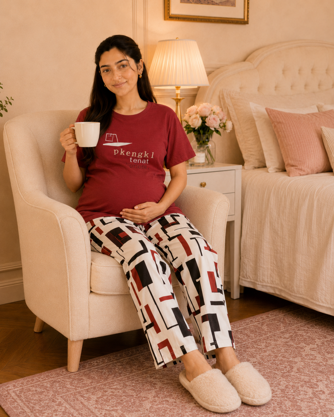 Red China Maternity Cotton Night Suit