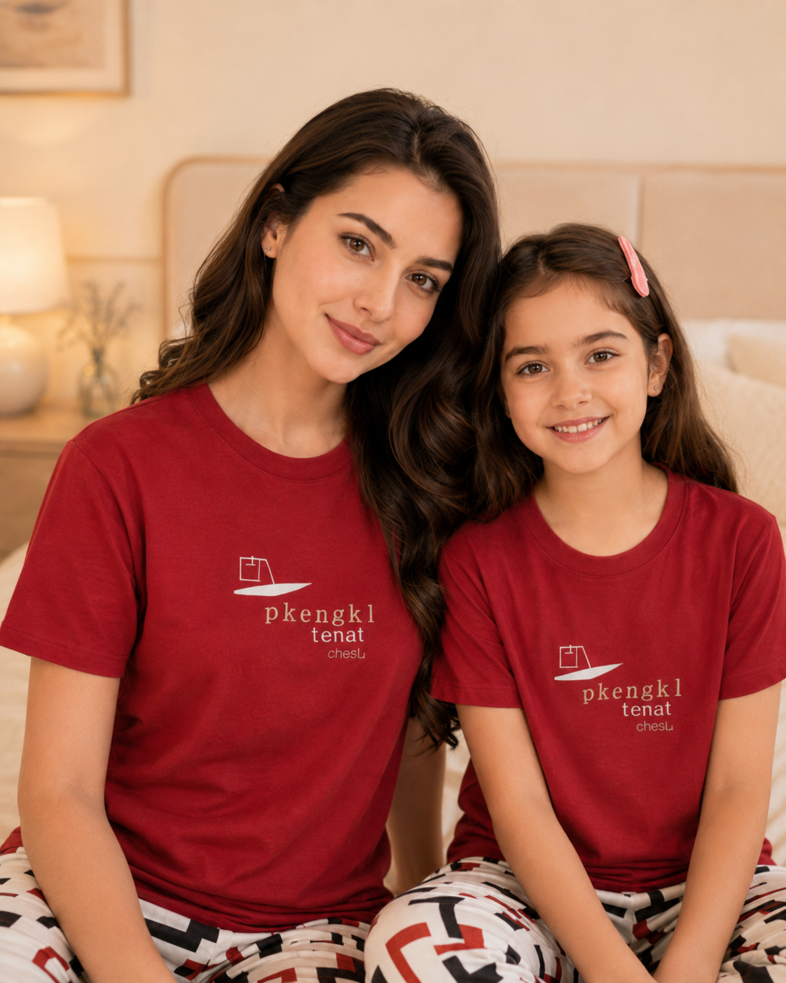 Mom & Daughter Matching Cotton Night Suit – Red China