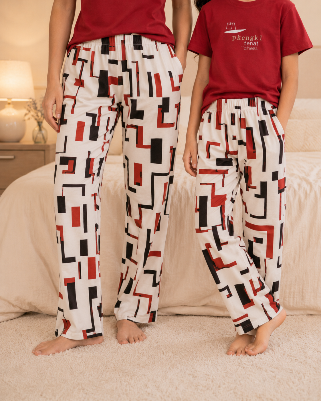 Mom & Daughter Matching Cotton Night Suit – Red China