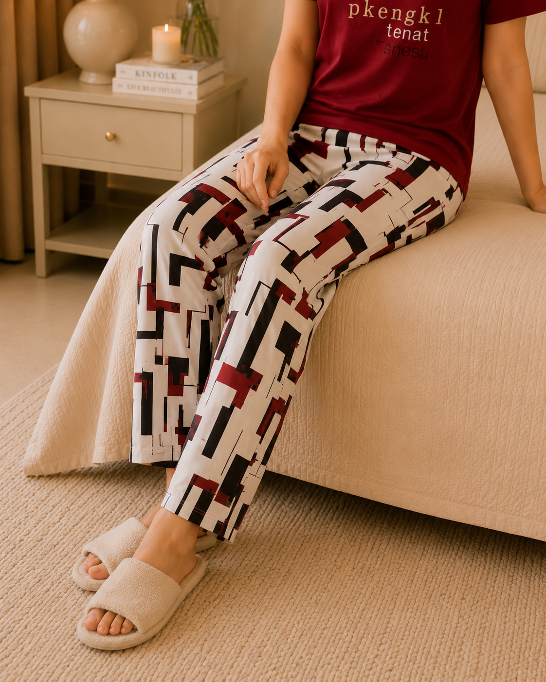 Red China Printed Night Suit