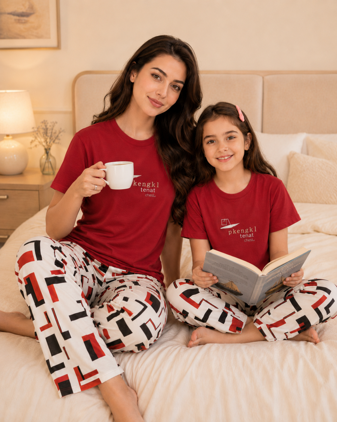 Mom & Daughter Matching Cotton Night Suit – Red China