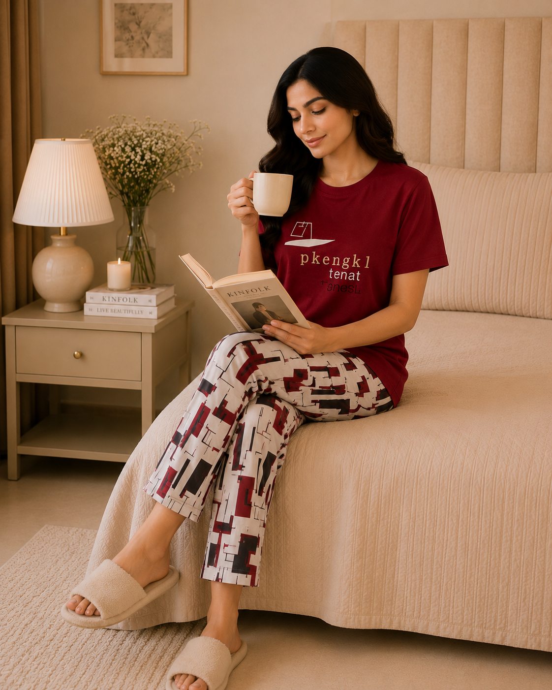 Red China Printed Night Suit