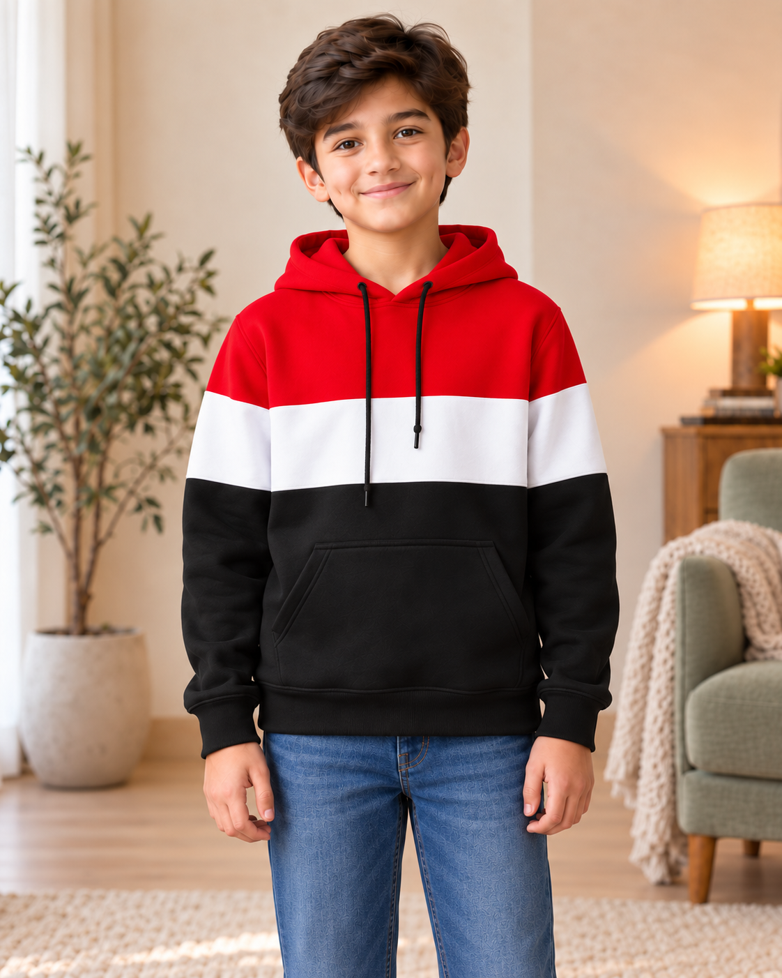 Kids Red, White & Black Color-Block Hoodie, front