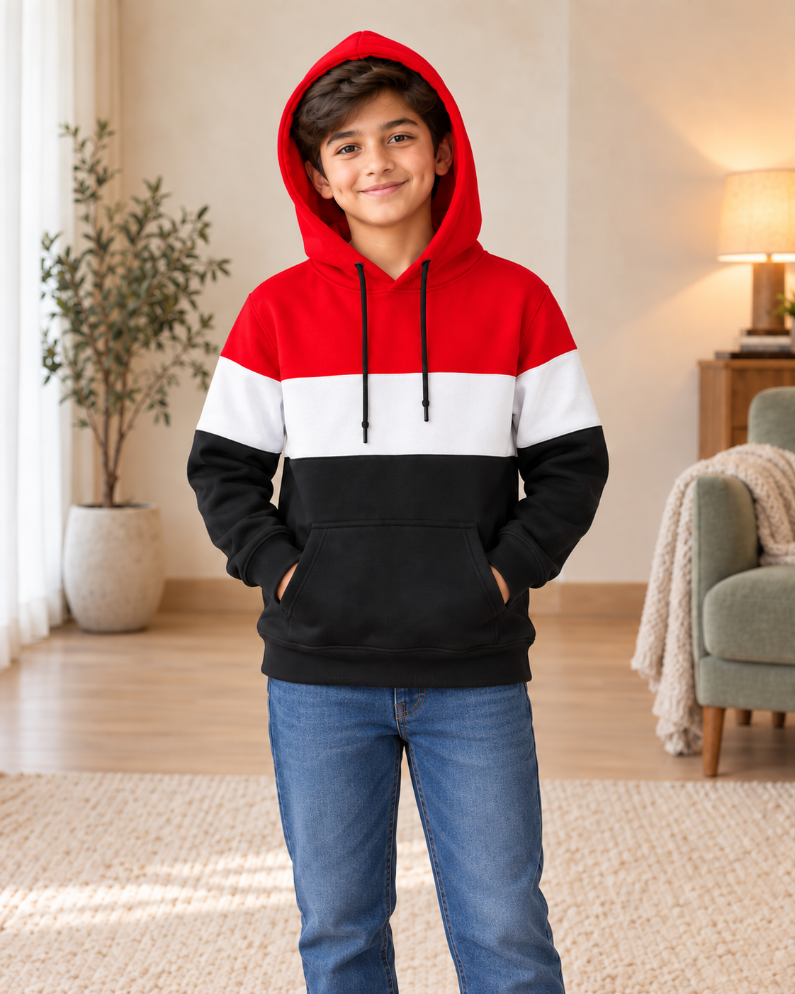 Kids Red, White & Black Color-Block Hoodie, hood-up