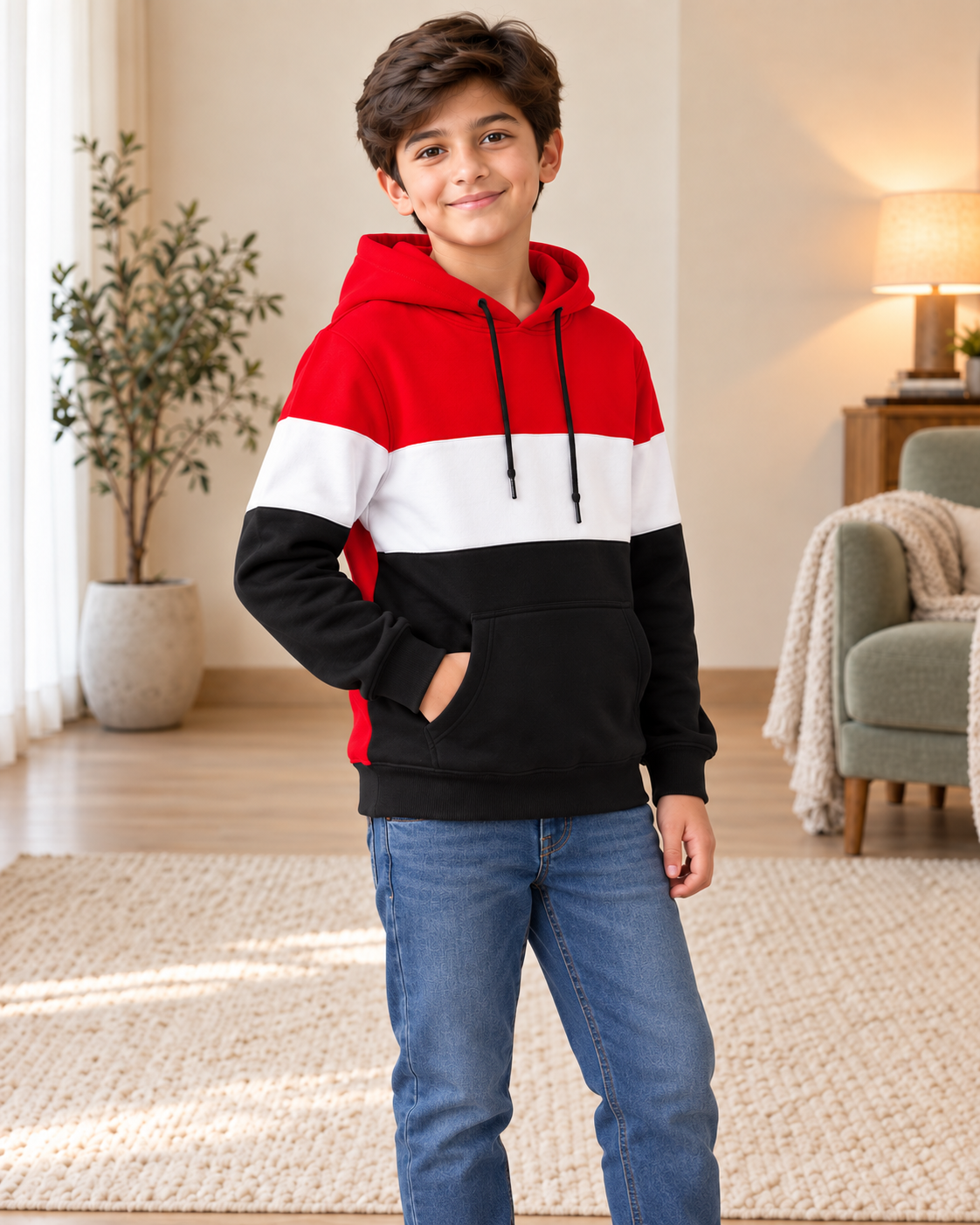 Kids Red, White & Black Color-Block Hoodie, three-quarter