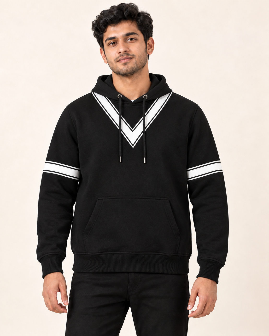 Black White V-Stripe Fleece Hoodie — front view on model