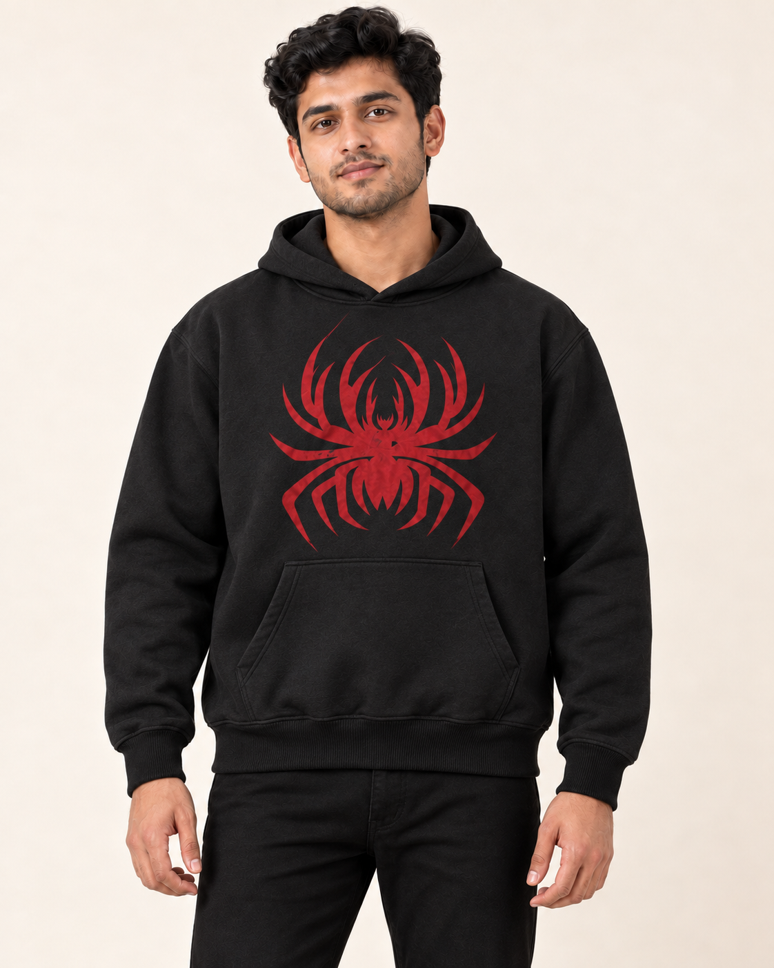 Black Red Spider Web Fleece Hoodie — front view on model