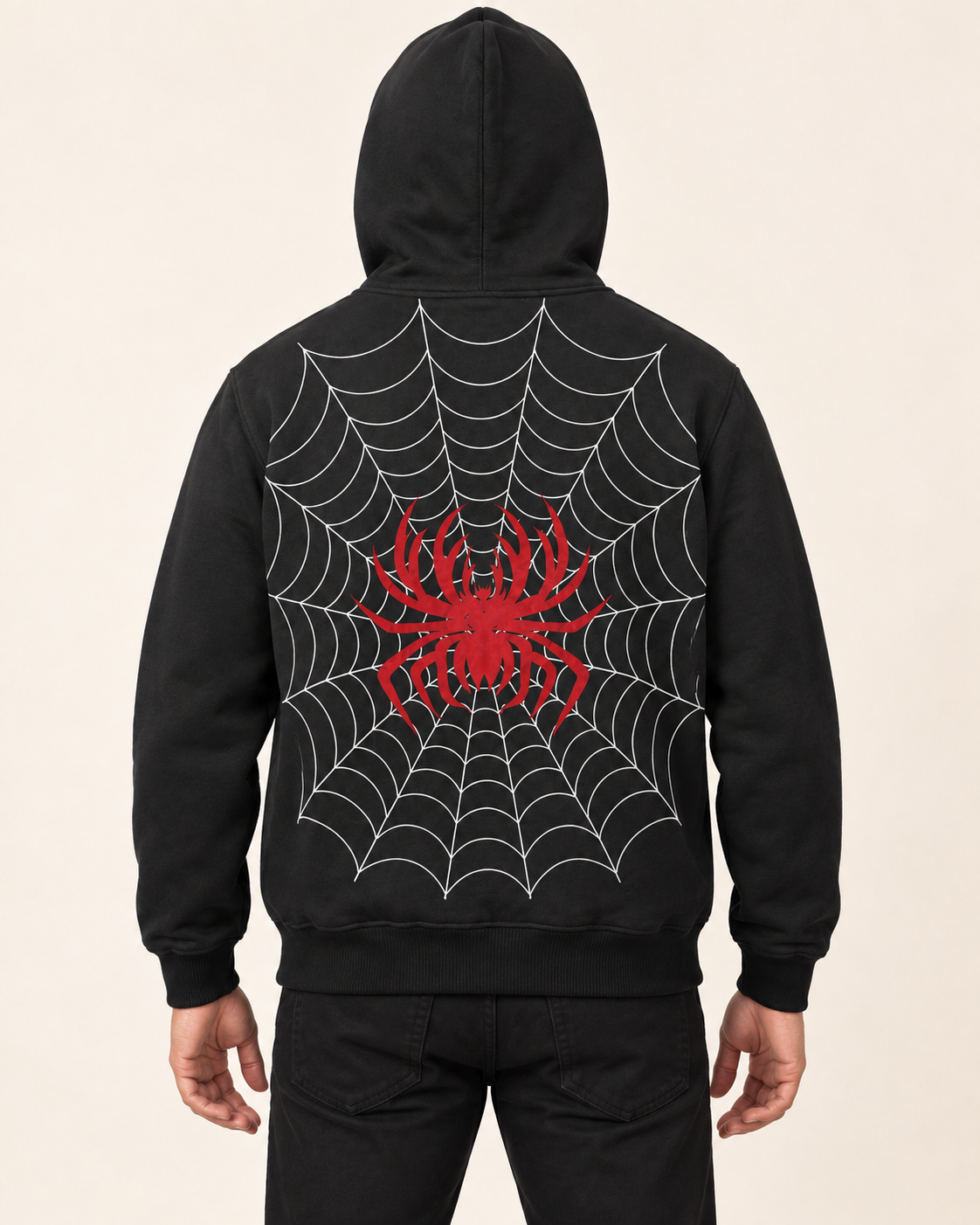 Black Red Spider Web Fleece Hoodie — back view on model