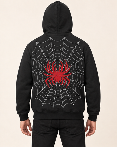 Black Red Spider Web Fleece Hoodie — Back