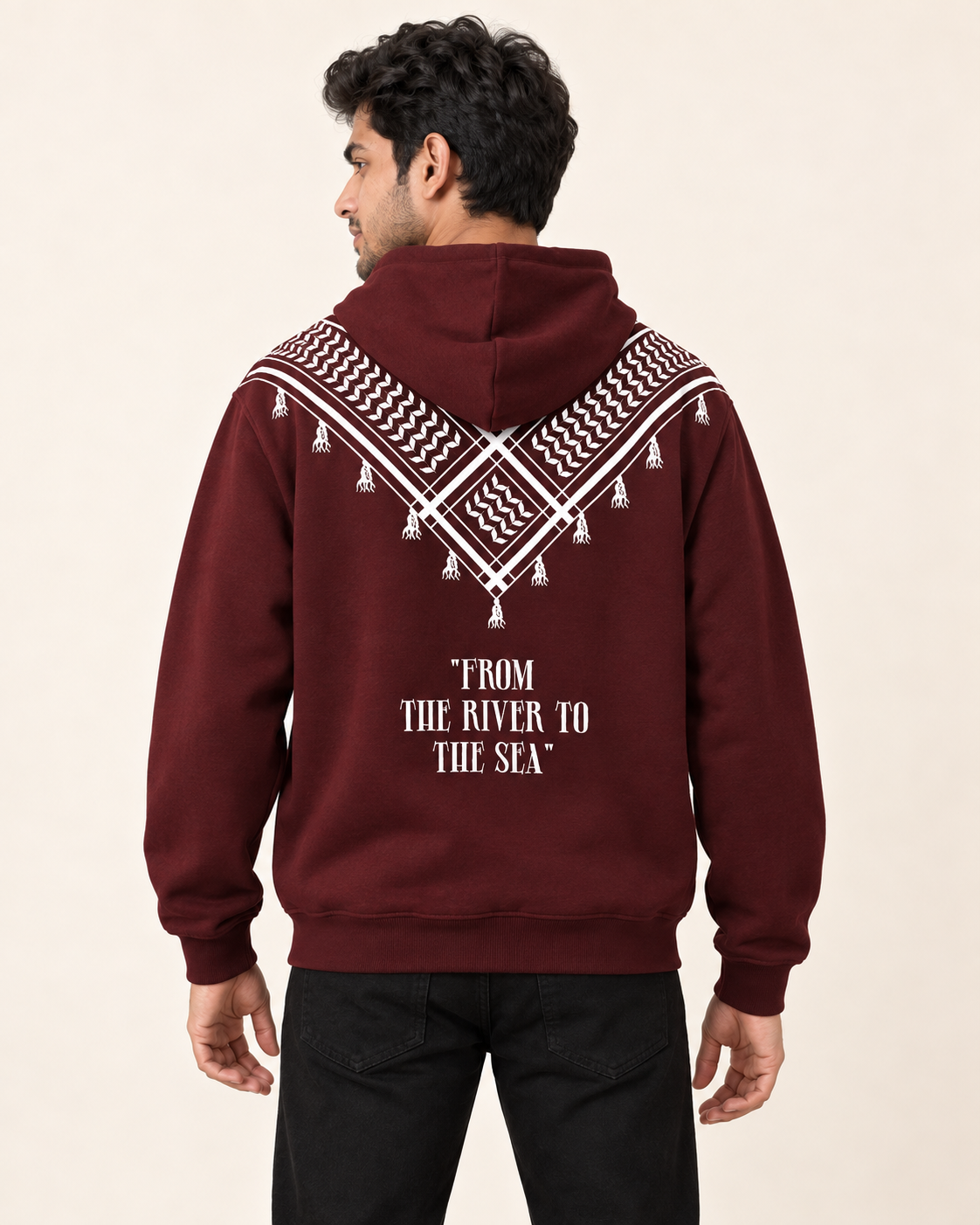 Maroon Keffiyeh Print Fleece Hoodie — back view on model
