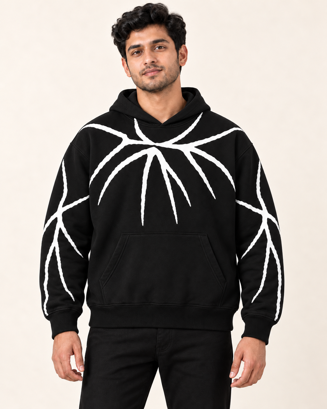 Black White Branch Print Fleece Hoodie — front view on model