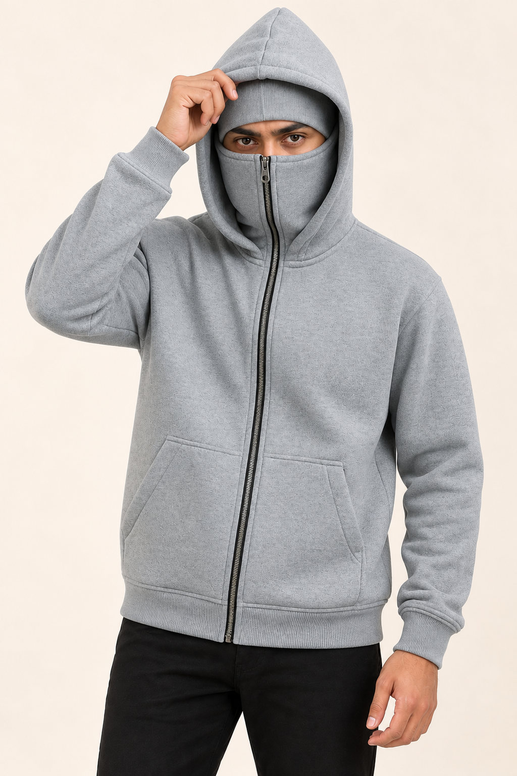 Grey Plain High-Zip Fleece Hoodie — front view on model