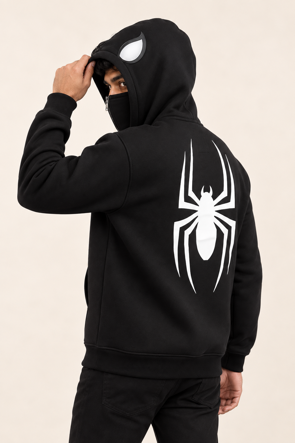 Black White Spider Back Print Fleece Hoodie — back view on model