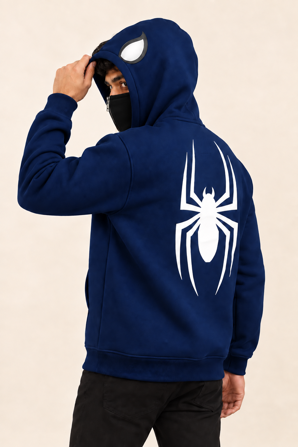 Navy White Spider Back Print Fleece Hoodie — back view on model