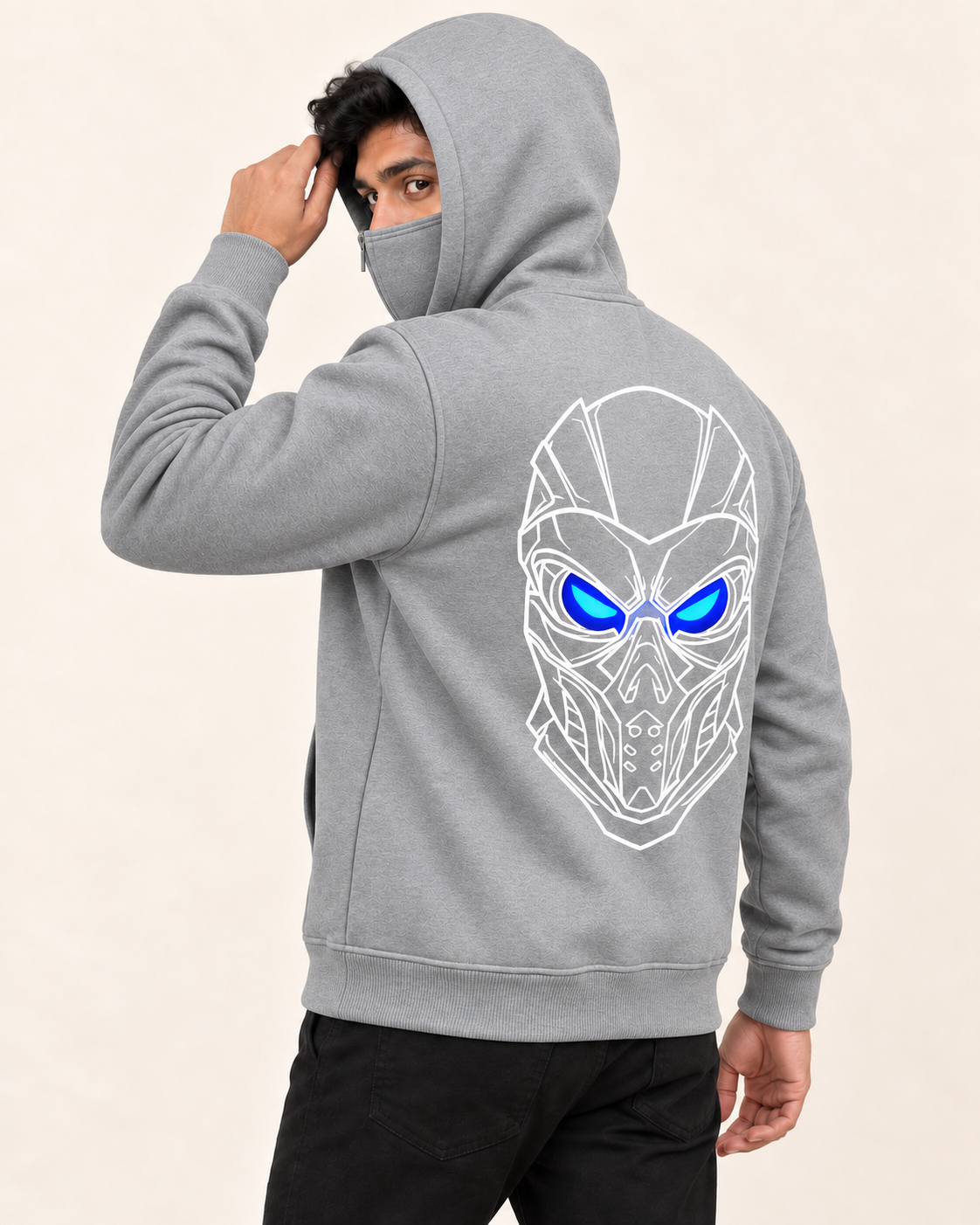 Grey Cyber Mask Back Print Fleece Hoodie — back view on model