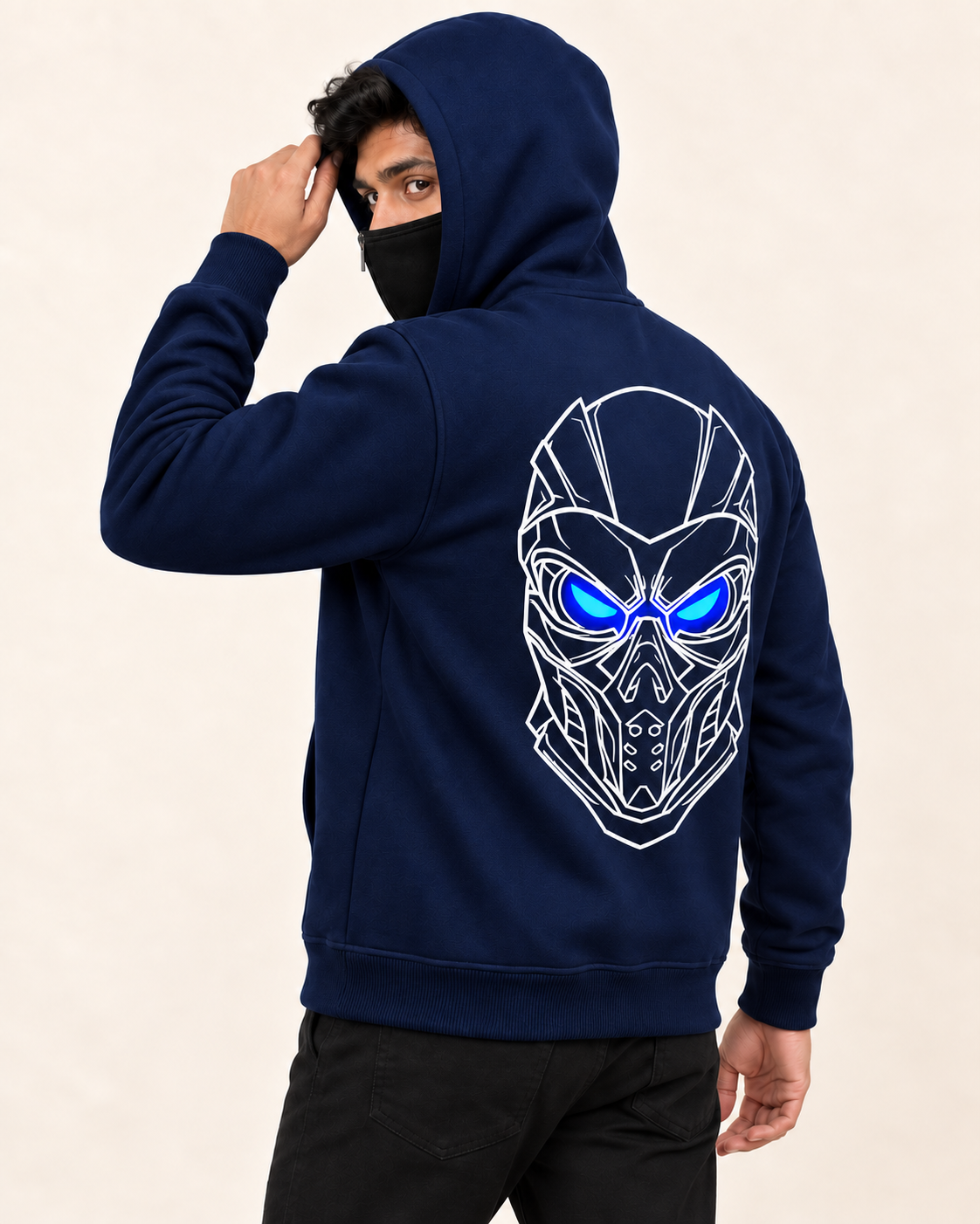 Navy Cyber Mask Back Print Fleece Hoodie — back view on model