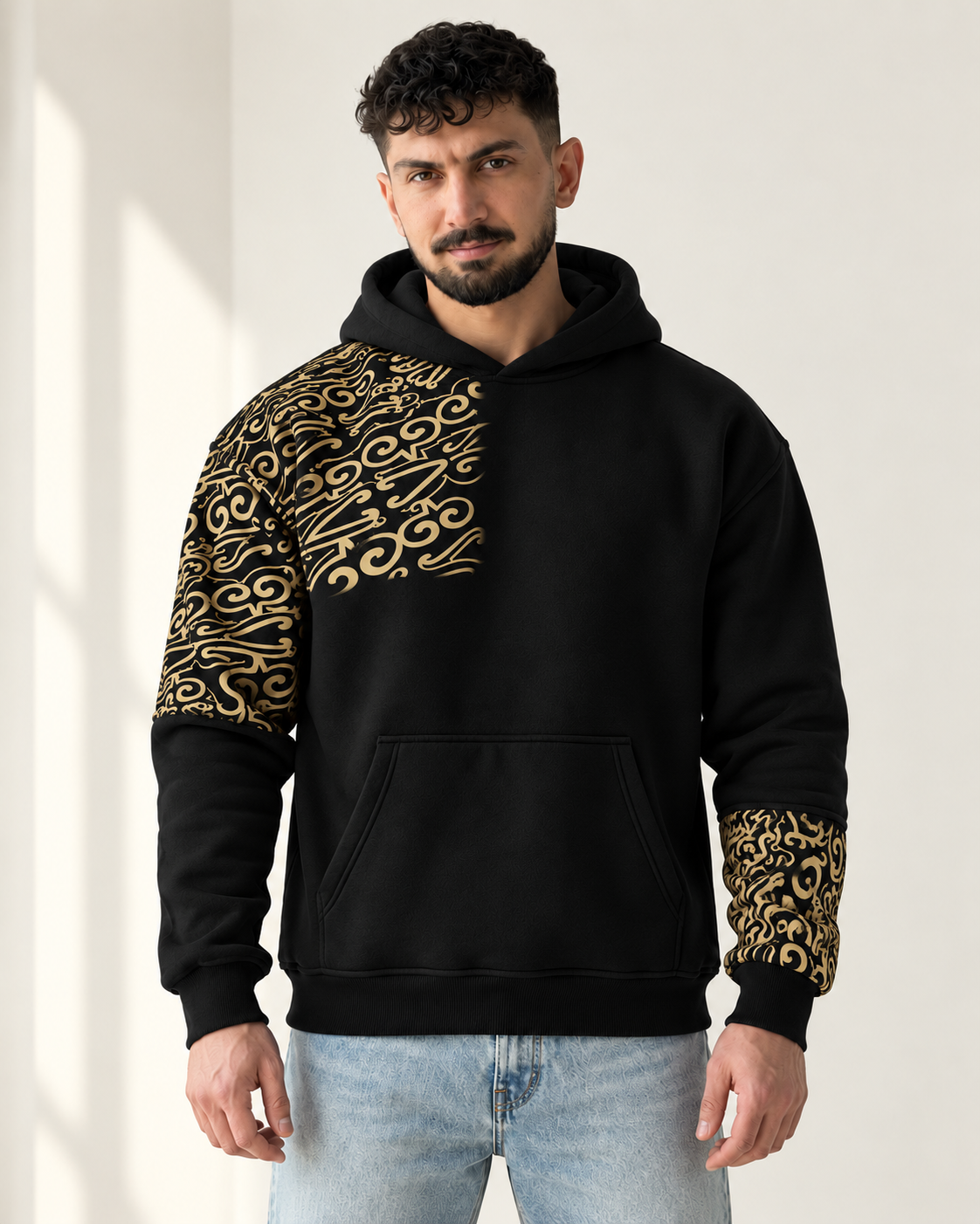 Black & Gold Ornamental Print Fleece Hoodie for men — front view