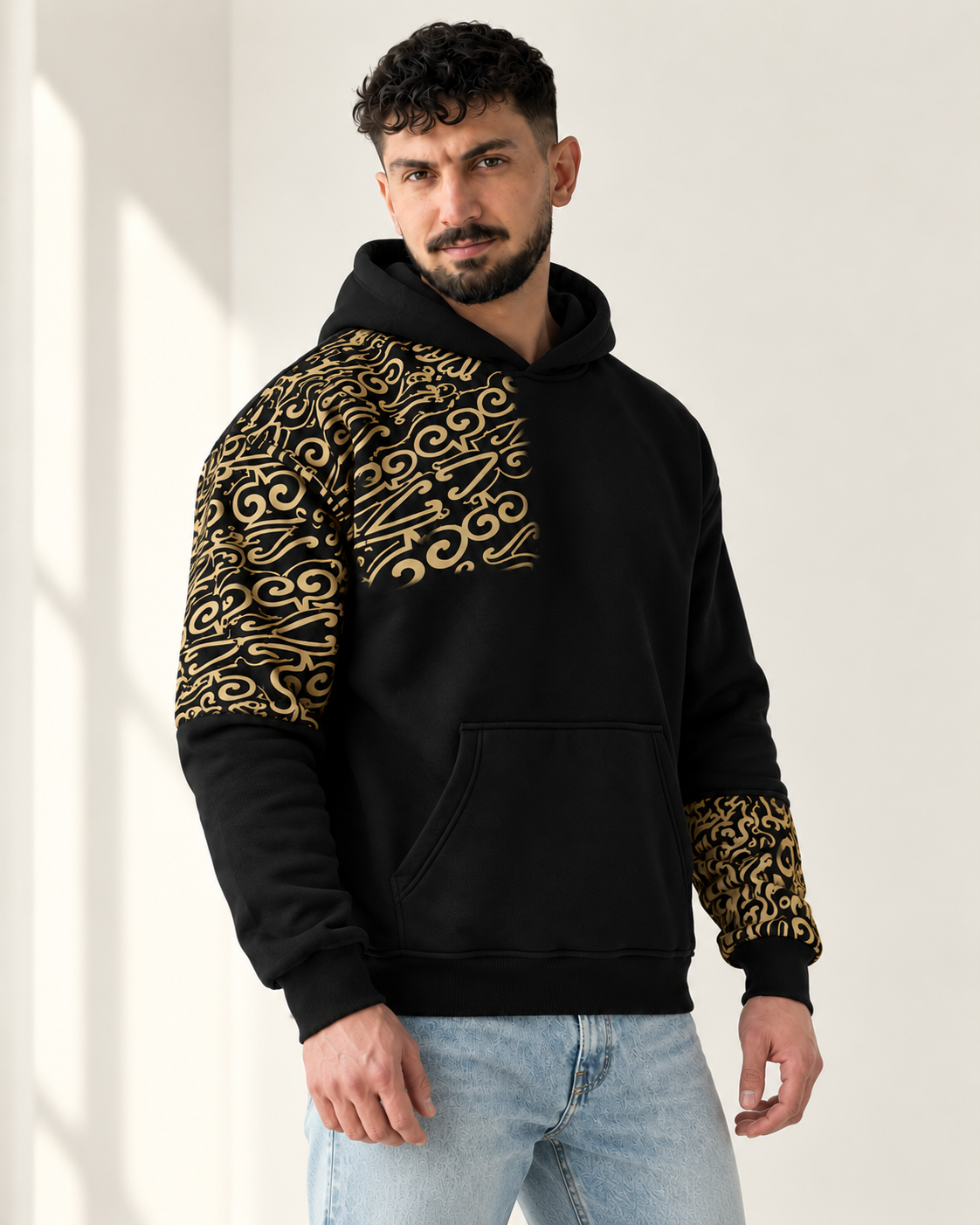 Black & Gold Ornamental Print Fleece Hoodie for men — three-quarter view