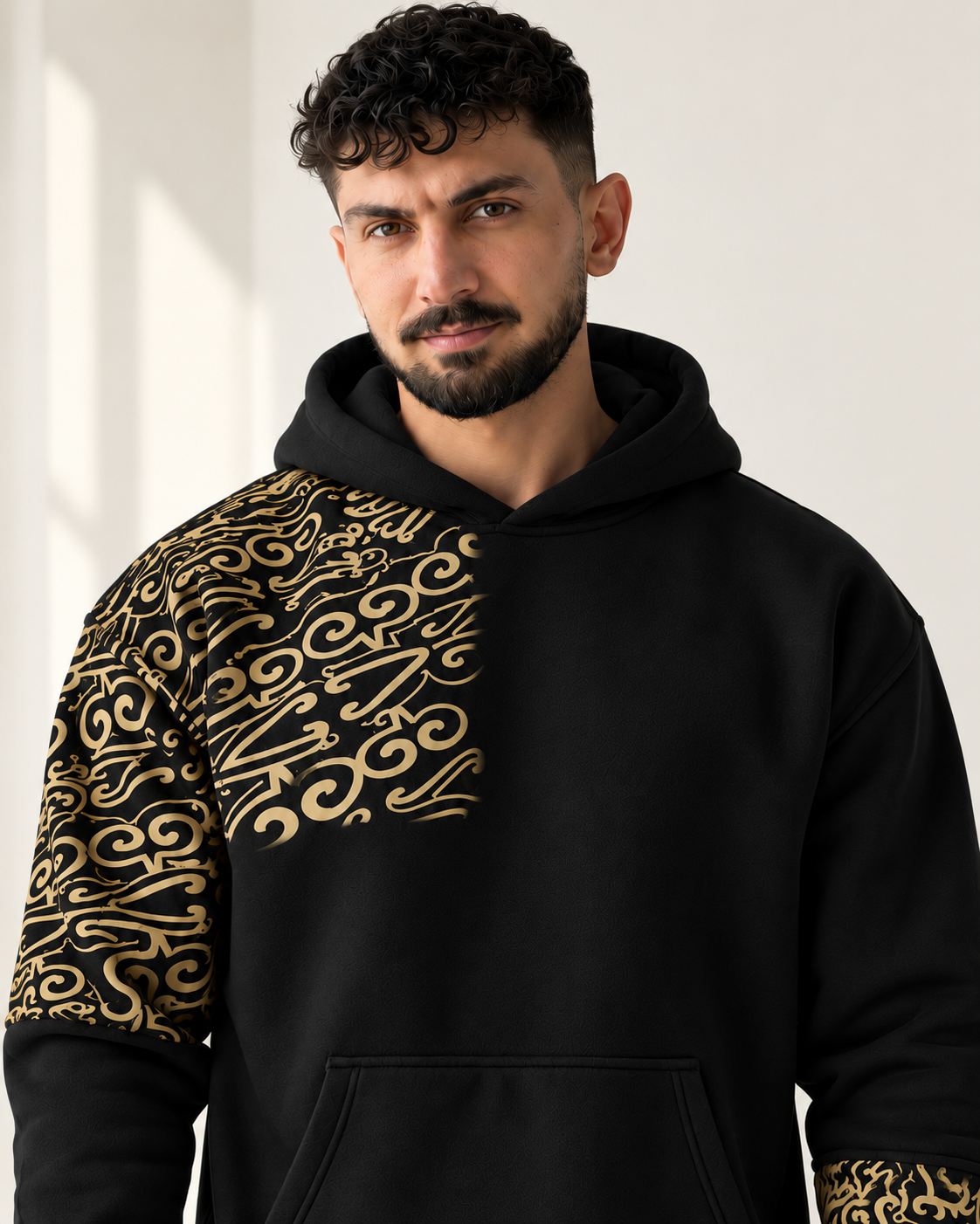 Black & Gold Ornamental Print Fleece Hoodie for men — hood and chest print close-up