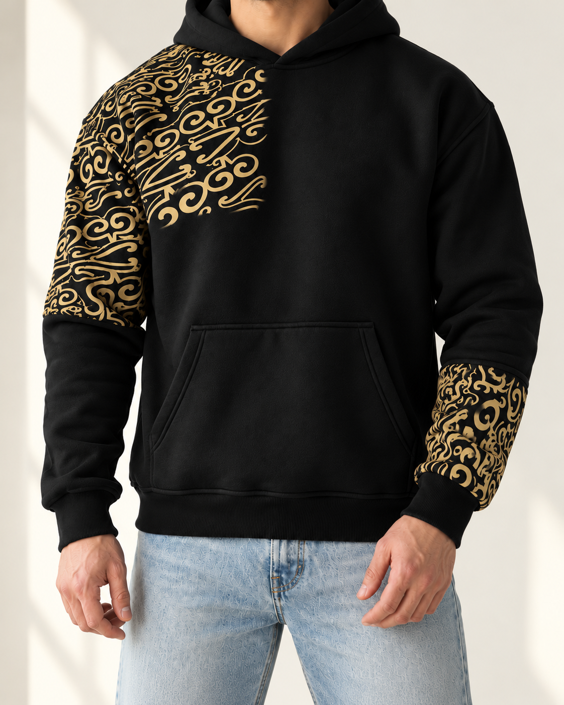 Black & Gold Ornamental Print Fleece Hoodie for men — pocket, sleeve print and cuff detail