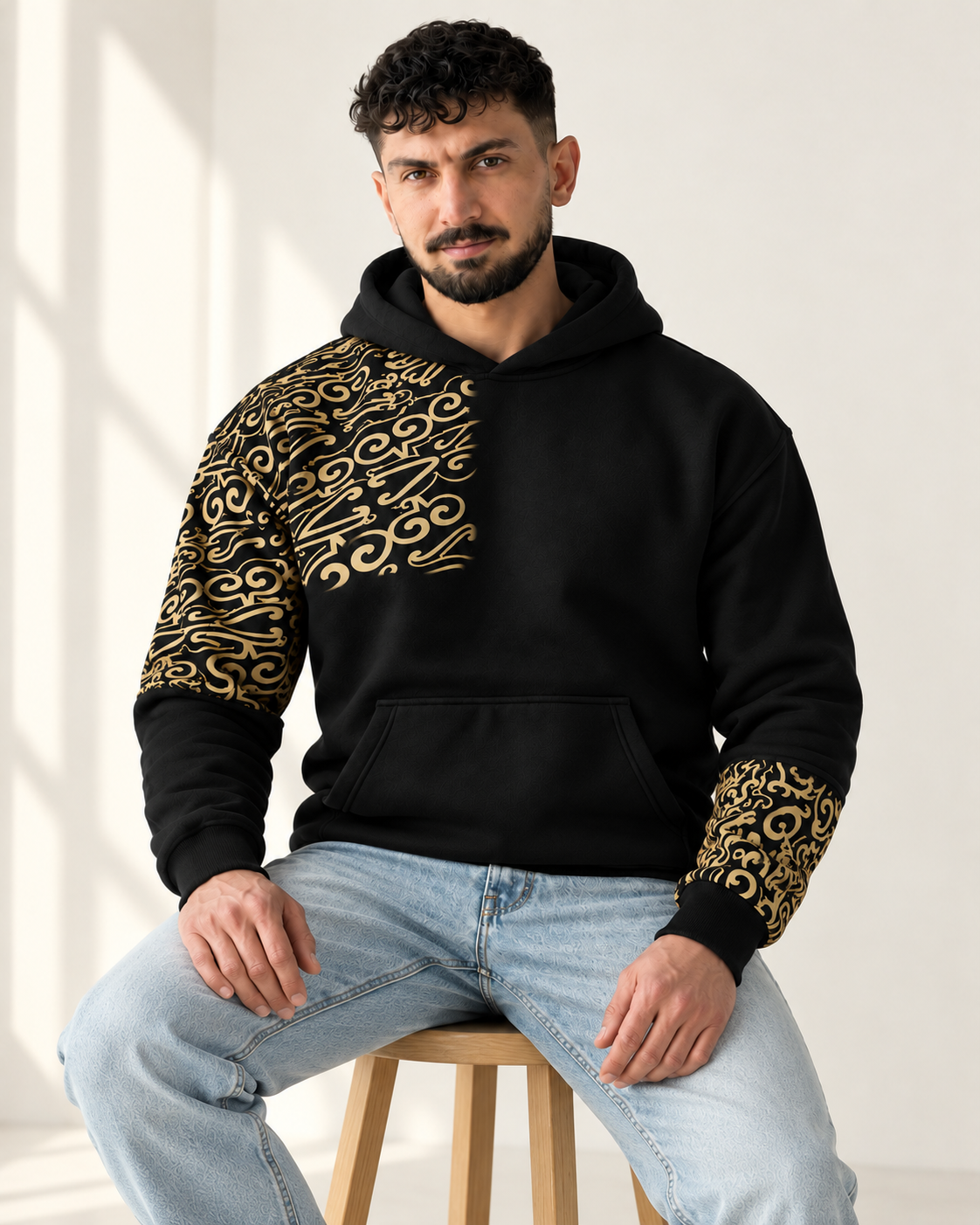 Black & Gold Ornamental Print Fleece Hoodie for men — seated lifestyle view