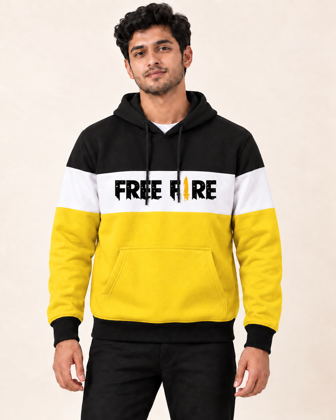 Model wearing Black White Yellow Free Fire Fleece Hoodie