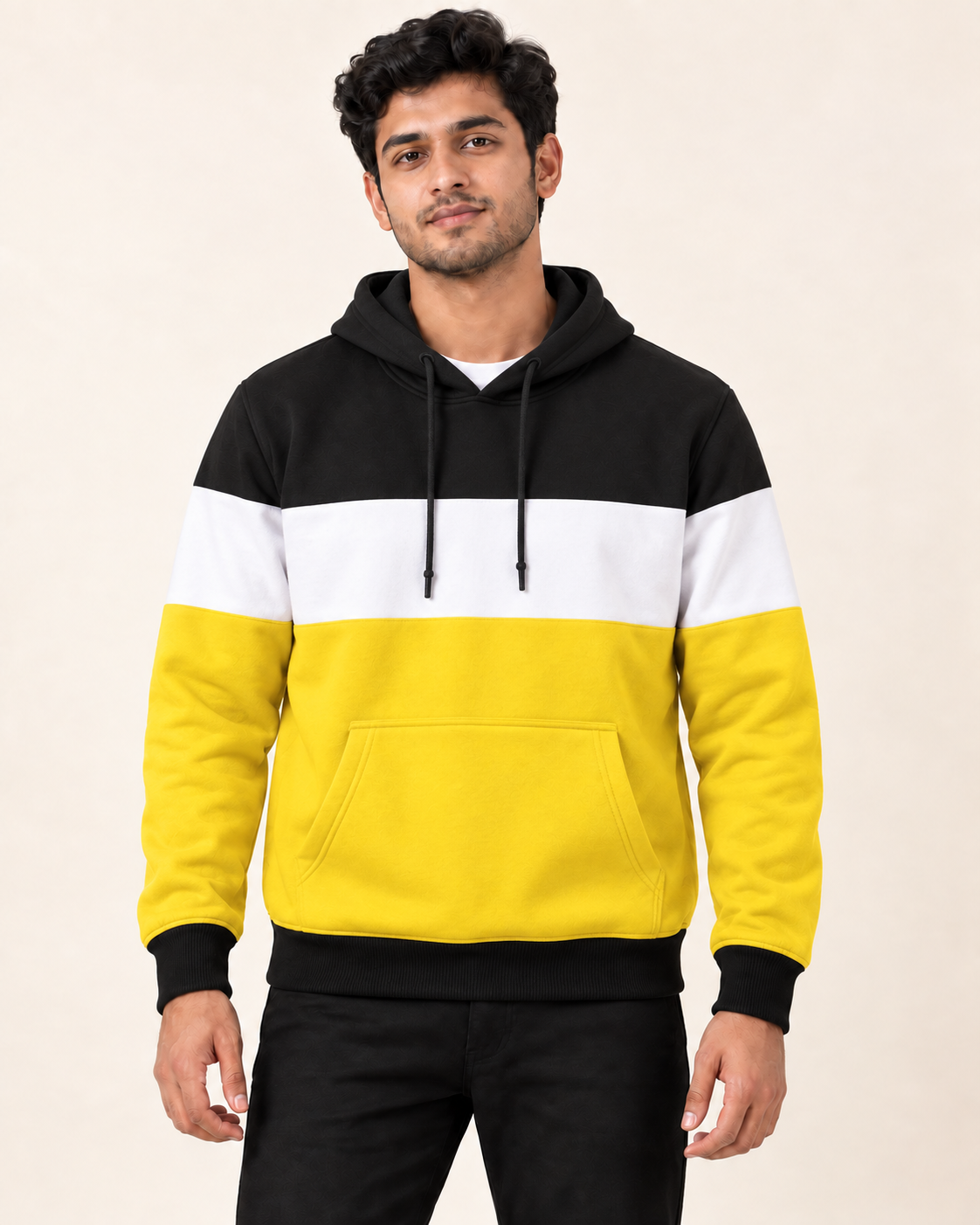 Model wearing Black White Yellow Plain Fleece Hoodie