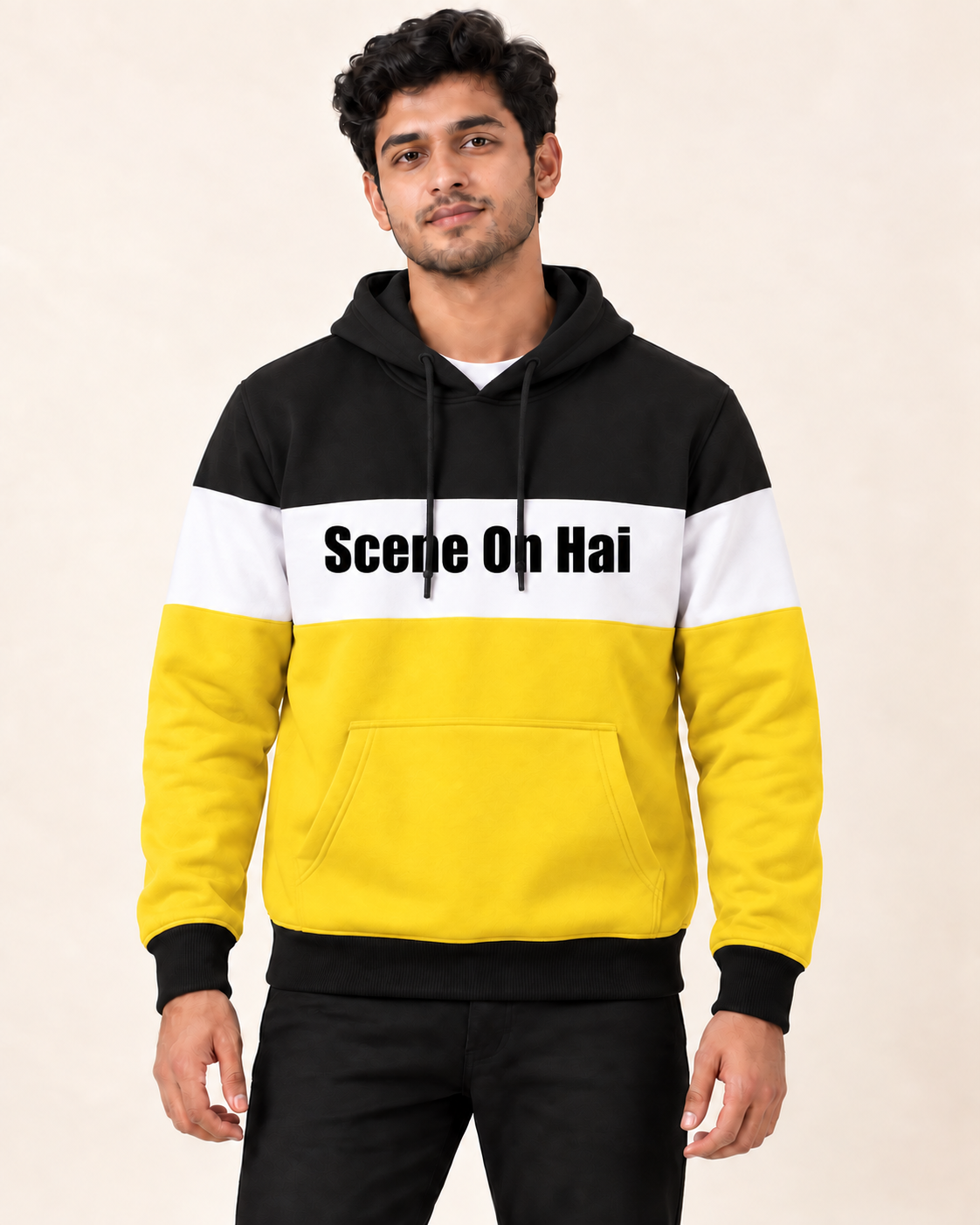Model wearing Black White Yellow Scene On Hai Fleece Hoodie