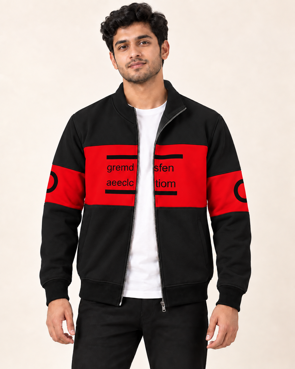 Black and red colourblock fleece zip-up jacket shown on a model