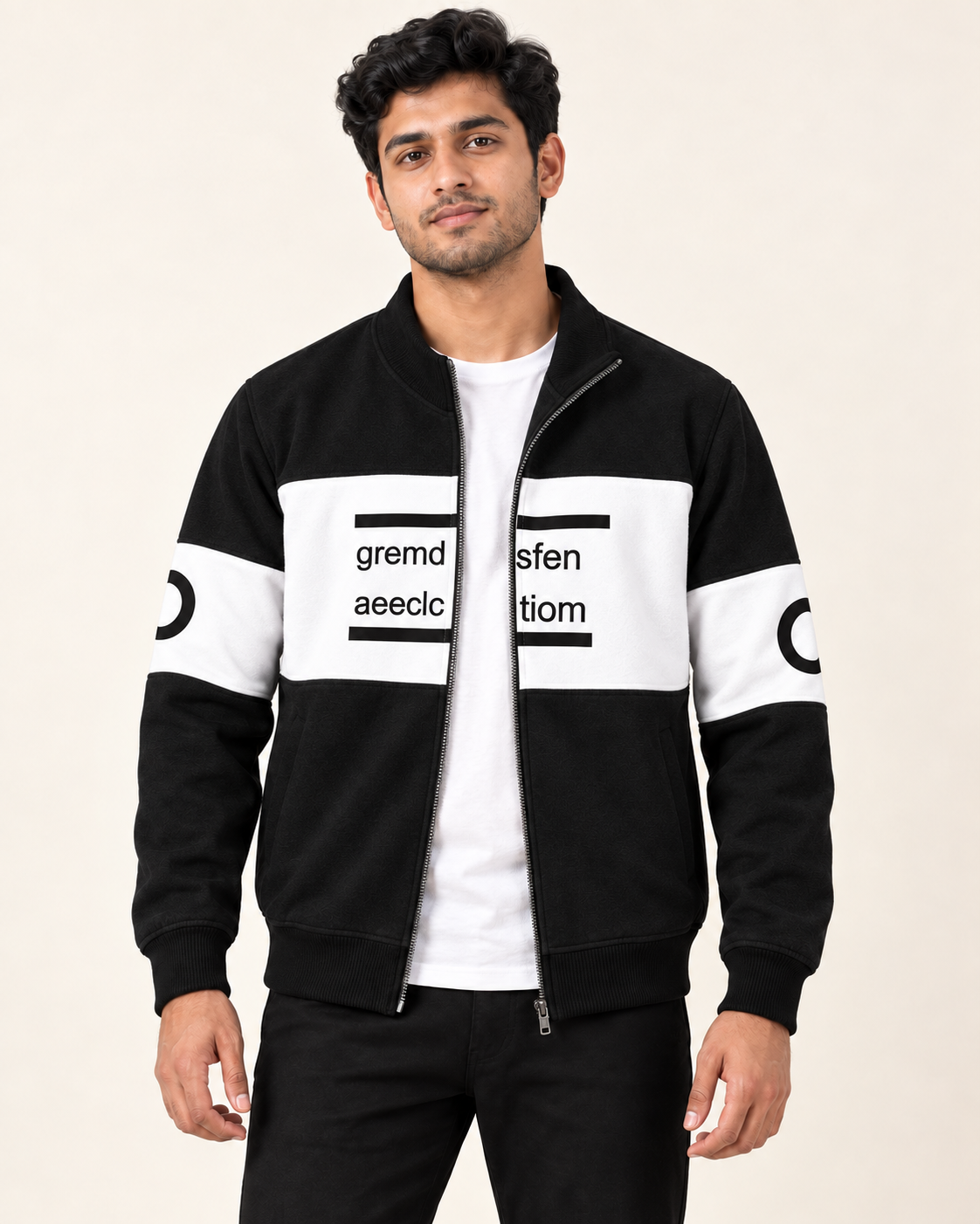 Black and white colourblock fleece zip-up jacket shown on a model