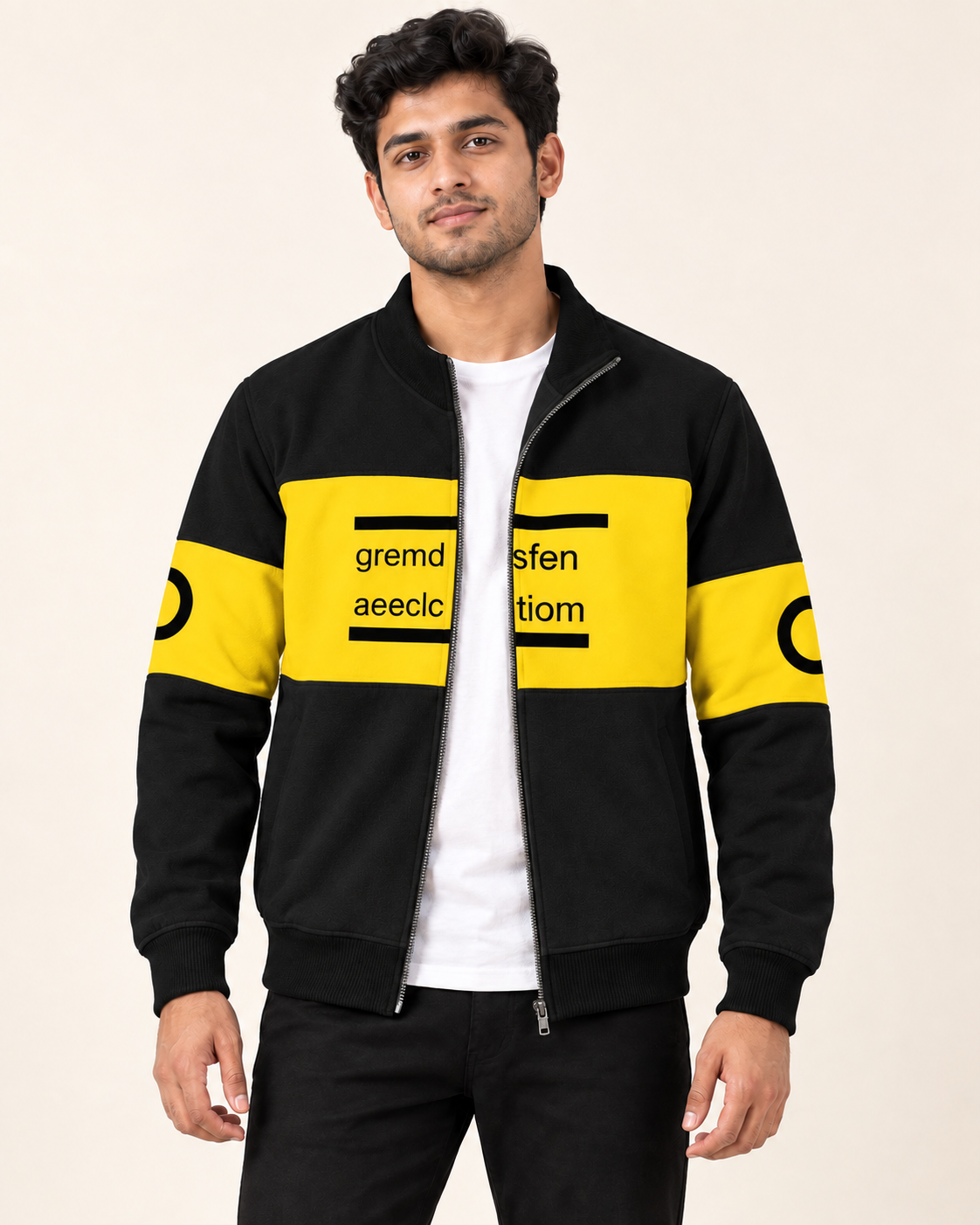 Black and yellow colourblock fleece zip-up jacket shown on a model