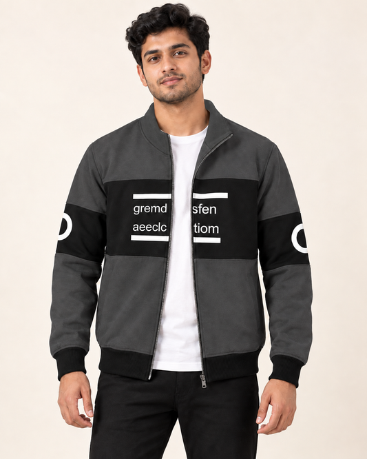 Charcoal and black colourblock fleece zip-up jacket with matching charcoal collar, shown on a model