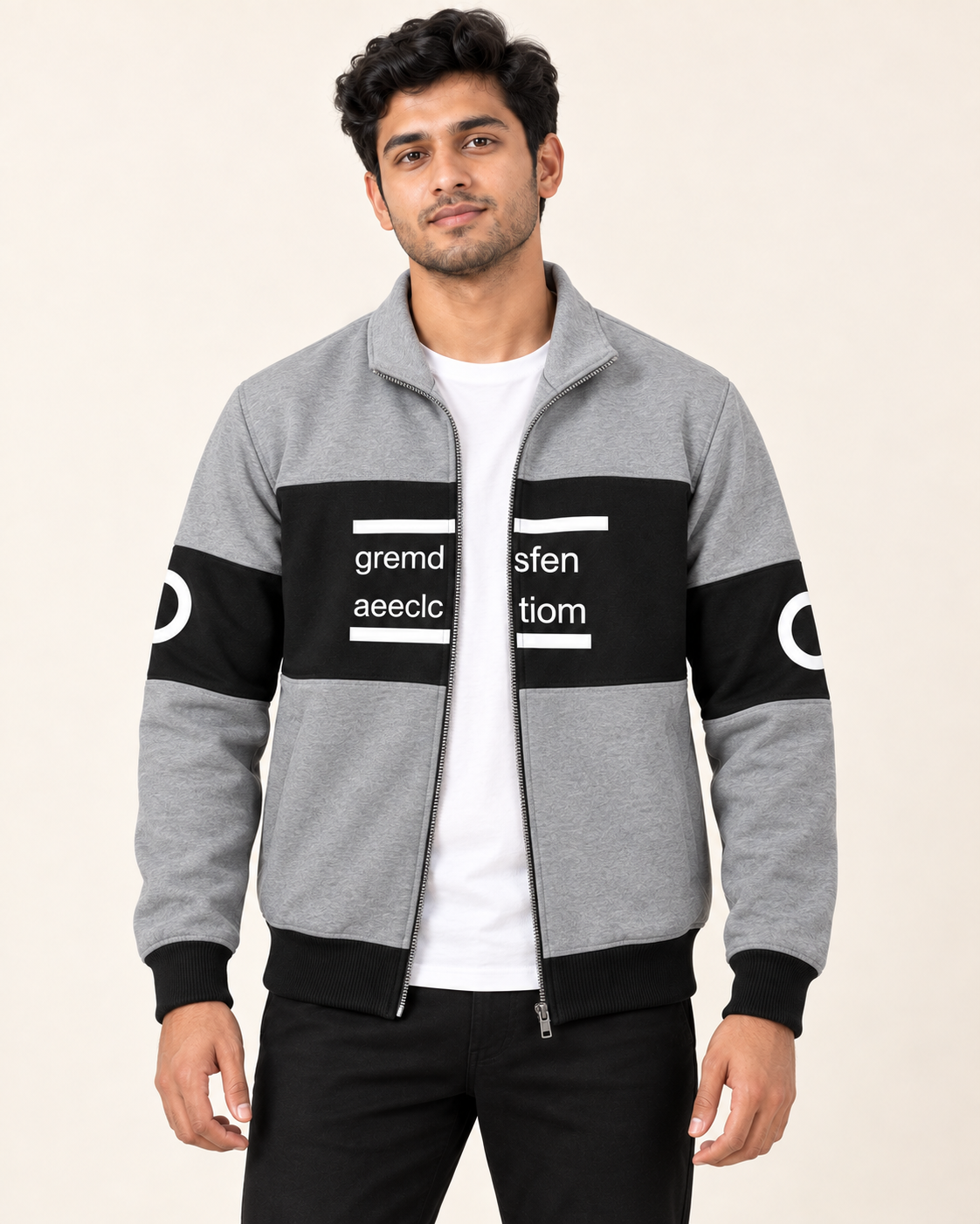 Grey and black colourblock fleece zip-up jacket with matching grey collar, shown on a model